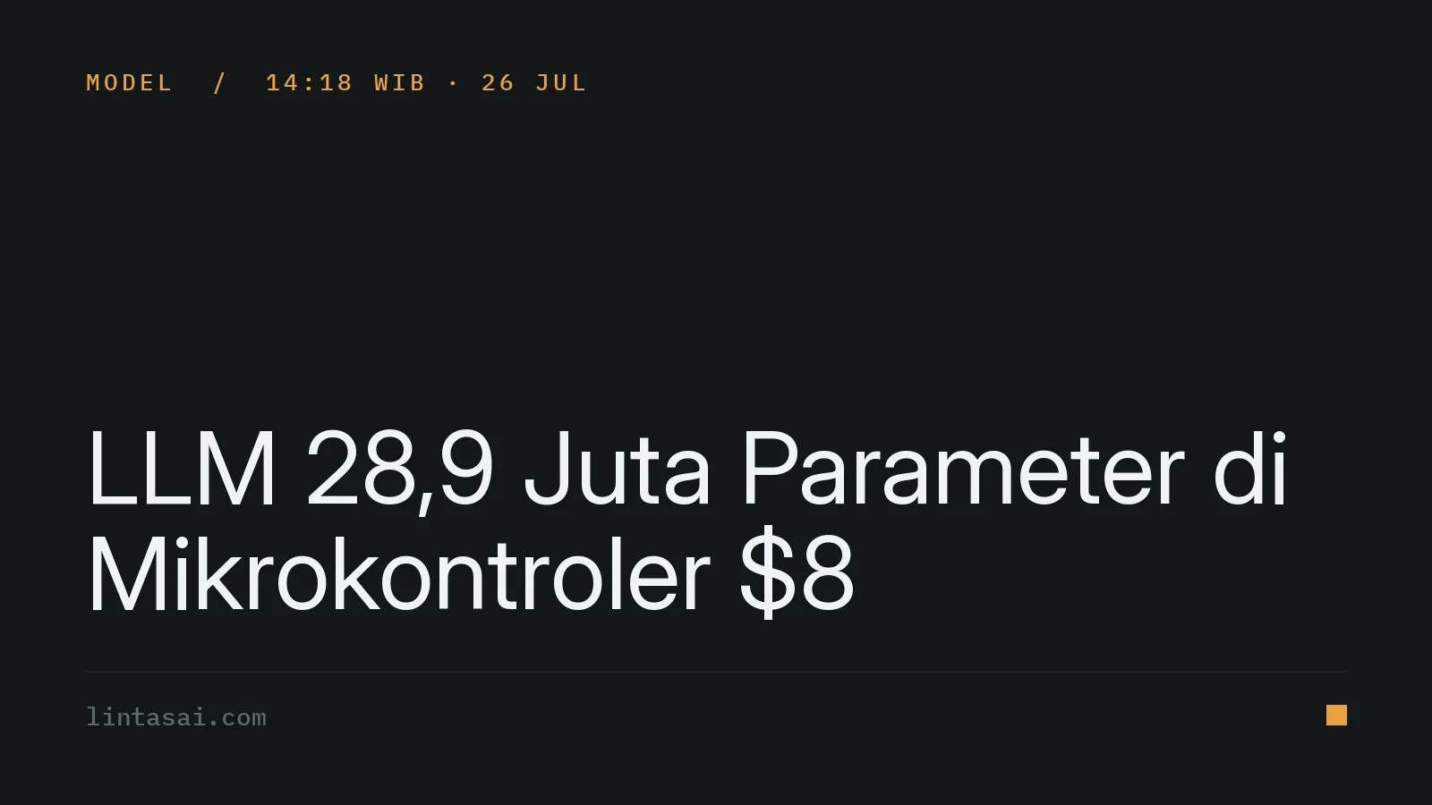 Ilustrasi papan mikrokontroler ESP32-S3 menampilkan teks generatif di layar kecil, menggambarkan konsep model bahasa berjalan di perangkat murah.